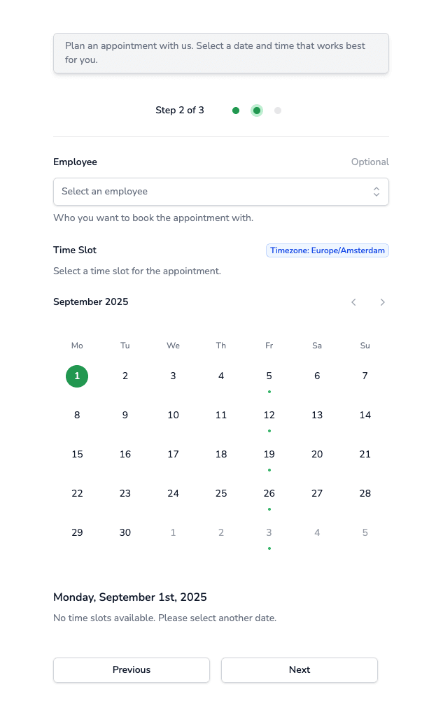 Screenshot Booking Page